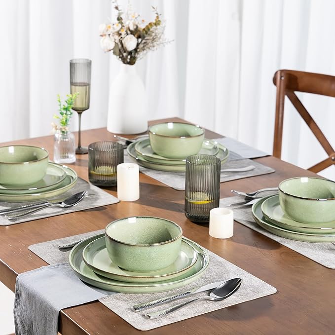 GBHOME Ceramic Dinnerware Sets for 4, 12 Pieces Stoneware Plates and Bowls Sets, Scratch Resistant Dishes, Dishwasher & Microwave Safe-Pastel Green