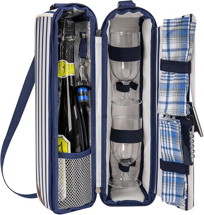 ALLCAMP Wine Tote Bag with Cooler Compartment,Picnic Set Carrying Two Sets of Tableware(Blue Stripe)