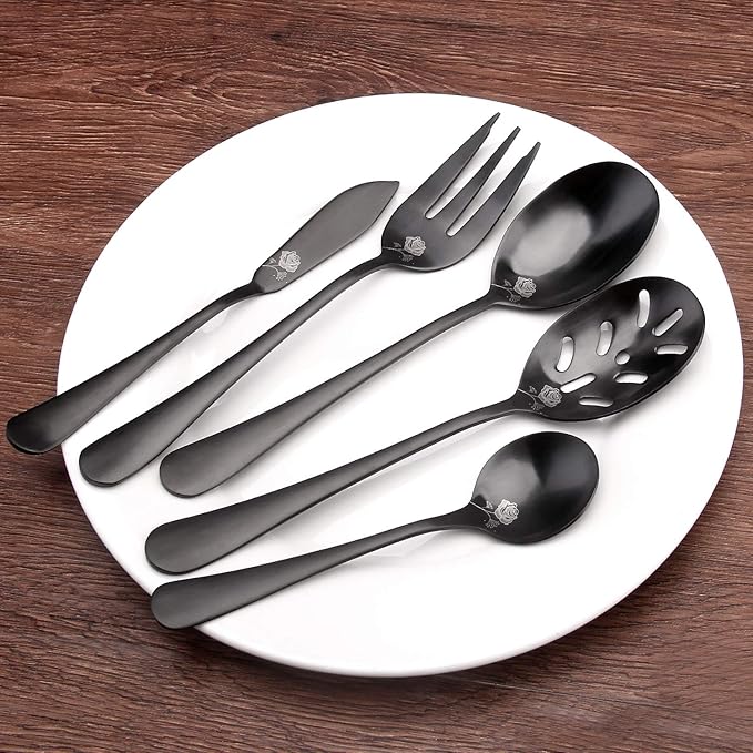 Matte Black Serving Set, sharecook 5-Piece 18/0 Stainless Steel Large Hostess Set with Round Edge, Satin Finished, Dishwasher Safe -Spoons, Forks,Butter Knife& Slotted Spoon