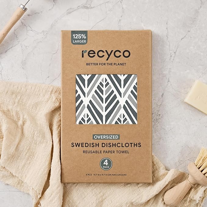 RECYCO Swedish Dishcloths for Kitchen | 4 Pack Oversized Washable Dish Rags | Large Cellulose Reusable Cleaning Paper Towels | Absorbent Counter Dish Cloth Sponge XL Kitchen Wipes, 12" L x 10" W