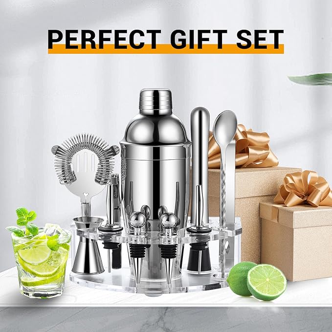 Bartender Kit Cocktail Shaker Set, Stainless Steel Cocktail Kit with 12 Piece Bar Accessories, 25oz Shaker Bar Set Drink Mixer Set with Stand Jigger Strainer Spoon Muddler for Cocktails (Silver)