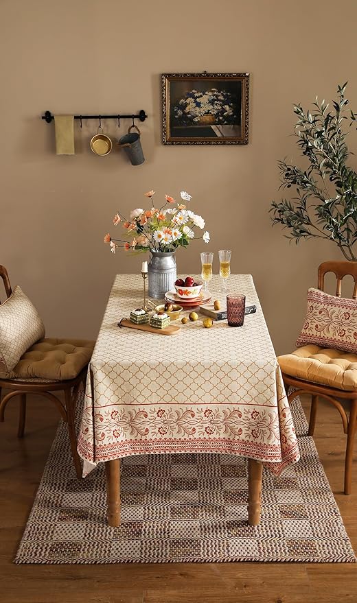 French Tablecloth for Square Tables,Floral Linen Table Cloth with Flaxen and Red Undertones,Heavy Durable Table Cover for Dining Kitchen Decor Party Banquet Christmas,55"*55"