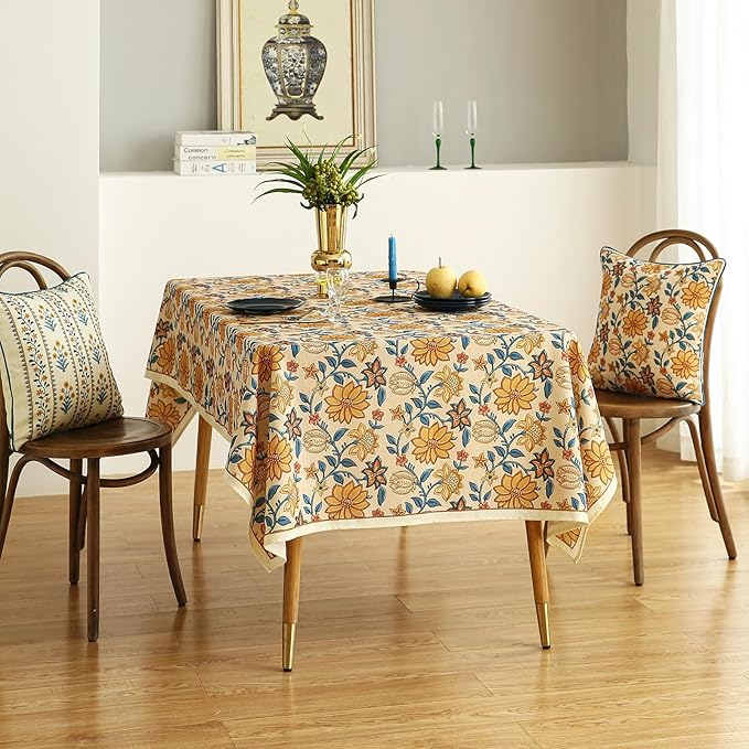 French Tablecloth for Rectangle Tables,Linen Table Cloth with Yellow Flowers Pattern,Heavy Durable Table Cover for Dining Thanksgiving Kitchen Decor Party Christmas,63"*94"