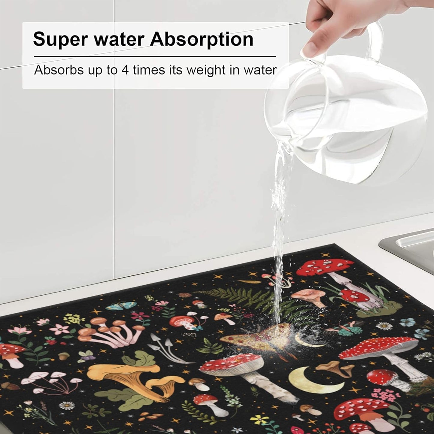 Mushroom Dish Drying Mat for Kitchen Counter Moth Gothic Witchy Dish Drainer Rack Mats 16x18 Inch Absorbent Reversible Black Drying Pad