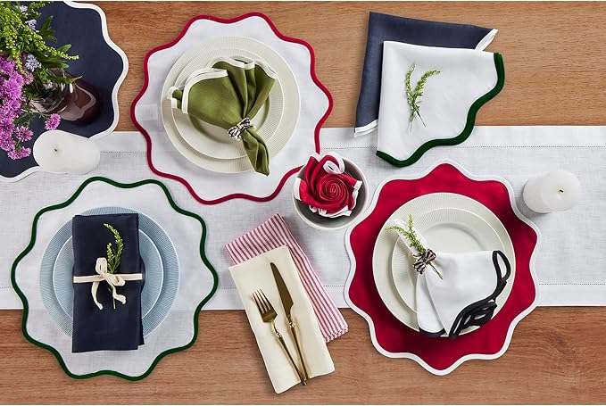 Solino Home Scallop Linen Napkins Set of 4-100% Pure Linen Ivory and Avocado Dinner Napkins Cloth 20 Inch for Fall, Thanksgiving, Christmas - Giselle Scallop Edge, Handcrafted and Machine Washable