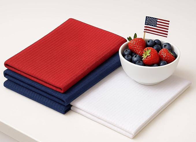 PurpleEssences 4th of July Waffle Weave Kitchen Towel, 100% Cotton 15x25 Inch, with Hanging Loop Ultra Soft Absorbent Quick Drying Dish Cloth, Tea & Hand Towels, 6 Pack Veterans Day Red Blue White