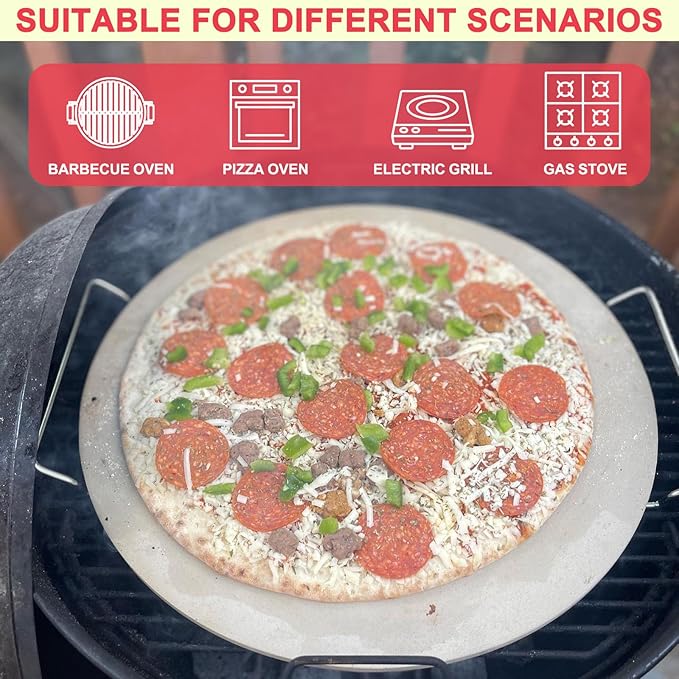 "DcYourHome Round Pizza Stone with Rack for Oven, BBQ Grilling, Natural Cordierite Pizza Stone Kit with Pizza Peel & Plastic Scraper for Baking Bread, 14 inch Universal High Temperature Baking Stone"