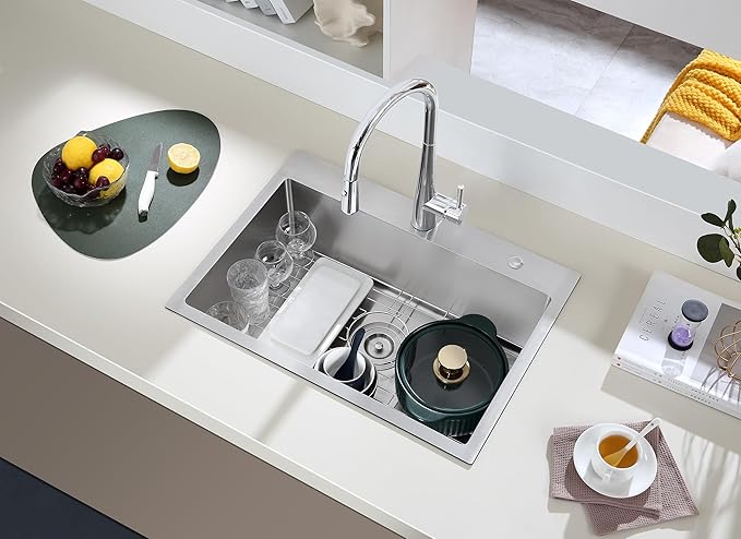 27 Inch Drop in Kitchen Sink - MENATT 18 Gauge Stainless Steel 2 Holes Single Bowl Topmount Kitchen Sink Basin Drop in with Drain Strainer & Grid, Brushed