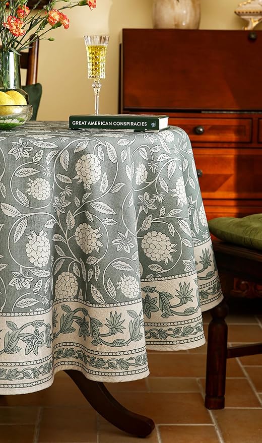 Grayish Green Tablecloth for Round Tables,Linen Table Cloth with Light White Flowers Pattern,Heavy Durable Table Cover for Dining Thanksgiving Kitchen Decor Party Christmas,Diameter 55"