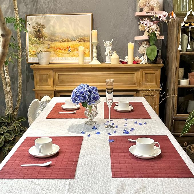 ANDSTAR Set of 24 Bamboo Placemats 17.7X11.8Inch Sushi Rolling Mat Japanese Style Bamboo Mat Natural Place Mats Washable Heat Resistant Table Mats for Dinner Dining Table Wedding Parties(Red)
