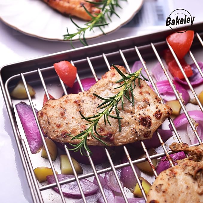 Roasting Pan with Rack, 11-Inch Non-Stick Square Shallow Dish Sheet Pan with Wire Rack for Oven Baking, BBQ and Roasting 11.2" x 11.2" x 1.3" (Champagne Gold)