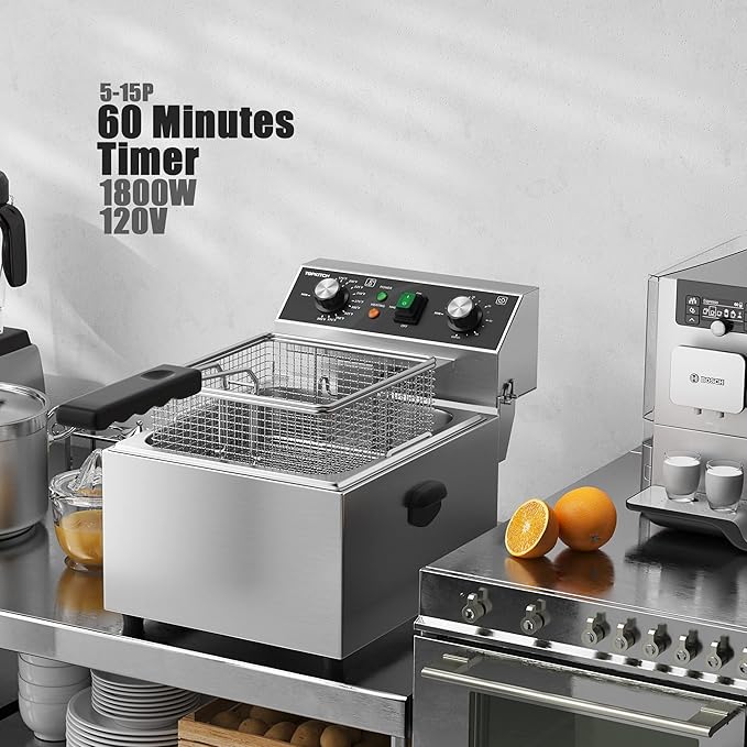 Electric Deep fryer Stainless Steel Deep Fryer with Basket & Lid Capacity 10L(10.5QT) Electric Countertop Fryers for Home Kitchen and Restaurant with 60 Minute Timer, 1800 Watts, 120V
