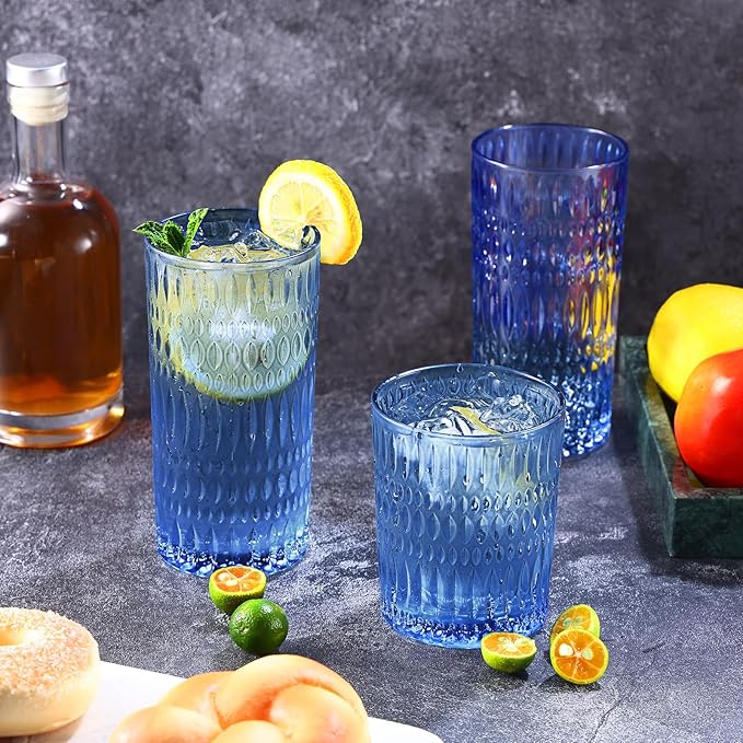 Glassware Drinking Glasses Set of 8, 14 oz Highball Glasses & 10 oz Ribbed Glass Cups, Vintage Glassware for Water, Juice, Cocktail, Whiskey (Blue)