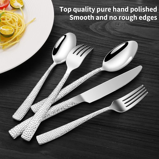 40-Piece Silverware Set, Silver Hammered Stainless Steel Flatware Sets for 8, Food-Grade Tableware Set, Including Fork Knife Spoon Set, Home Kitchen Cutlery Sets, Dishwasher Safe