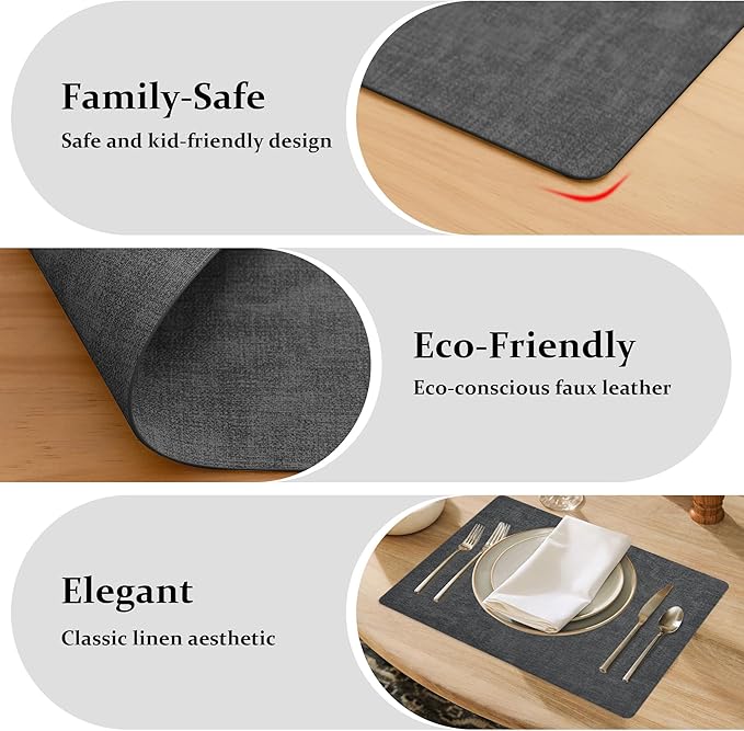 FROMHEART Faux Leather Placemats Set of 6–Waterproof,Heat/Oil Stain-Resistant PU Table Mat–Reversible,Non-Slip,Easy to Clean Place Mats for Kitchen,Dining,Indoor/Outdoor,(Dark Grey,11.8" x 17")