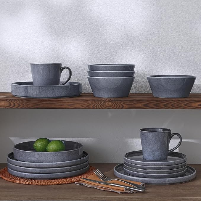 Famiware Plates and Bowls Sets, Annecy Stoneware Dinnerware Sets for 8, 24 Pieces Dish Set, Plate with Lip Edge, Reactive Glaze Tableware - Microwave & Dishwasher Safe, Misty-Blue