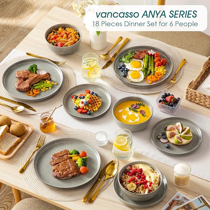 vancasso ANYA 18 Pieces Plates and Bowls Set, Stone Grey Dinnerware Sets, Reactive Glaze Dishes Set for 6, Ceramic Dishware Sets Kitchen Dinner Set, Microwave & Dishwasher Safe