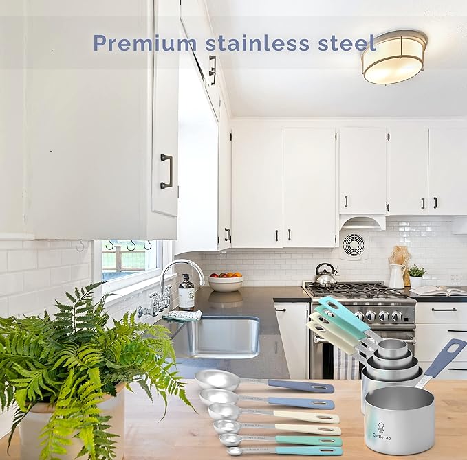 Measuring Cups and Measuring Spoons Set of 14 - Stainless Steel Measuring Cups and Spoons Set, Includes 1/8 Teaspoon Measuring Spoon, 1/8 Cup Measuring Cup, Leveler Dry (14, Farmhouse)