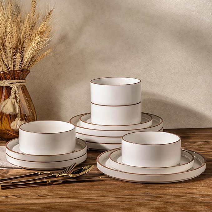 LERATIO Ceramic Dinnerware Sets for 6, High Edge Stoneware Plates and Bowls Set, Chip and Crack Resistant | Oven & Dishwasher & Microwave Safe Dishes Set, Service for 6 -Vanilla White