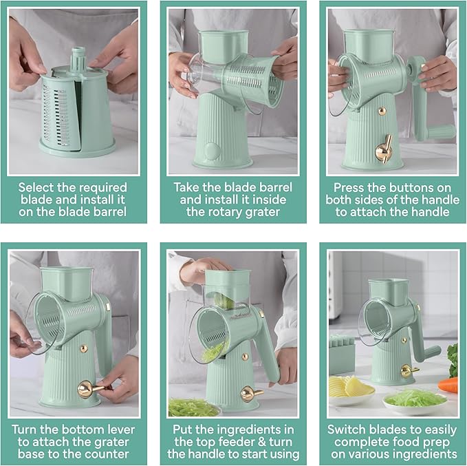 COOK WITH COLOR Rotary Cheese Grater with Handle - Counter Cheese Grater Suction Base with Hand Crank - 5 Blade Cheese Shredder - Easy to Use Manual Vegetable Chopper and Mandolin