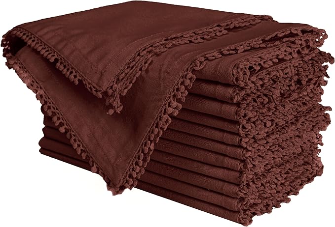 Bedding Craft Cotton Cloth Dinner Napkins Set of 12 – 18x18 Chili Oil with Decorative Lace Selvedge – Reusable Machine Washable Fabric Napkins for Weddings, Baby Showers, Parties & Table Décor
