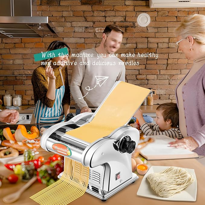 Newhai Electric Pasta Maker Family Noodle Making Machine Dough Roller 2.5mm Spaghetti 4mm Wide Noodle 9mm Fettuccine Cutter 110V US Stainless Steel for Home Use