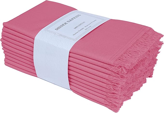 Bedding Craft Cotton Cloth Dinner Napkins Set of 12 – 18x18 Baby Pink with Frayed Selvedge Edges – Reusable Machine Washable Fabric Napkins for Weddings, Baby Showers, Parties & Dining