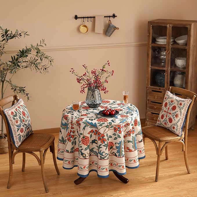 patdrea Designer Floral Linen Table Cloth Durable Breathable Tabletop Cover Dacorative Kitchen Dining Tablecloth for Round Tables for Kitchen Dining Parties,Holiday Christmas,Diameter 67"