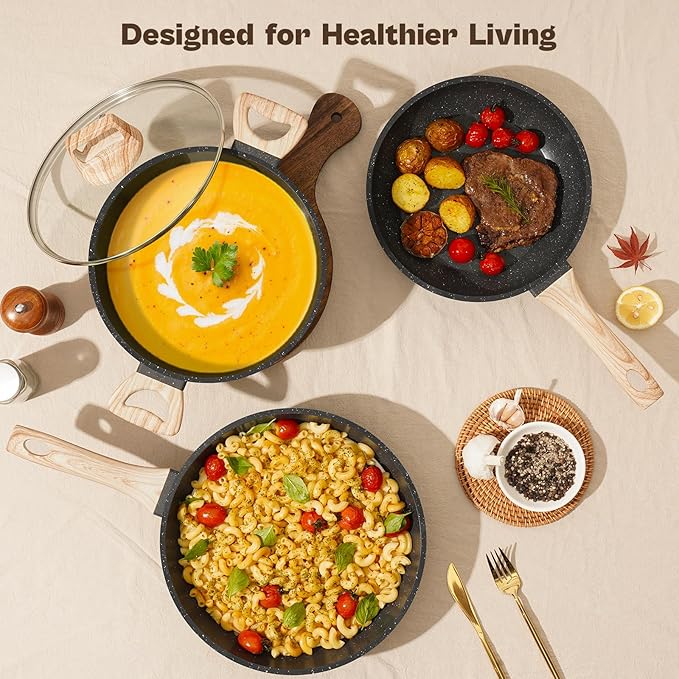 13 Pcs Pots and Pans Set, Nonstick Cookware Sets Black Granite Induction Cookware, Non-toxic Healthy Non stick Kitchen Cooking Set with Frying Pans Set, Saucepans (PFAS/PFOA/PFOS Free)