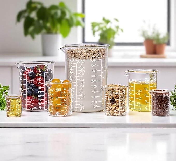 Ackers Etching Scale Glass Measuring Cup Set-V-Shaped Spout,Includes 60ml(2OZ), 120ml(4OZ), and 250ml(8OZ) Glass Measuring Beaker for Kitchen or Restaurant, Easy to Read
