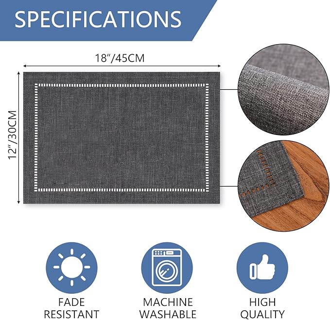 Tosewever Set of 4 Decorative Linen Placemats 12 x 18 Inches, Farmhouse Style Table Mats for Everyday Dining Wedding Party Holiday Home Decor (4 Pieces 12 x 18”, Grey/Straight)