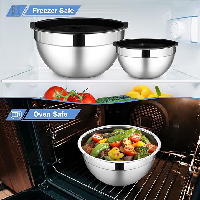 LIANYU 6 PCS Stainless Steel Mixing Bowls with Lids Set, Large Size 7, 3.5, 2.5, 2, 1.5, 1QT, Kitchen Nesting Metal Bowl Sets, Ideal for Baking Cooking Serving Food Storage, Dishwasher Safe, Black