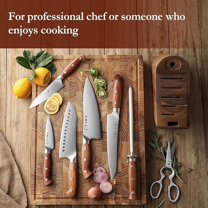 HEZHEN 8 PCS Kitchen Knife Block Set, German DIN 1.4116 Steel Knife Set with Block and Sharpener,Kitchen Shear, Ultra Sharp Blade,Red Wood Handle, Gift Packing