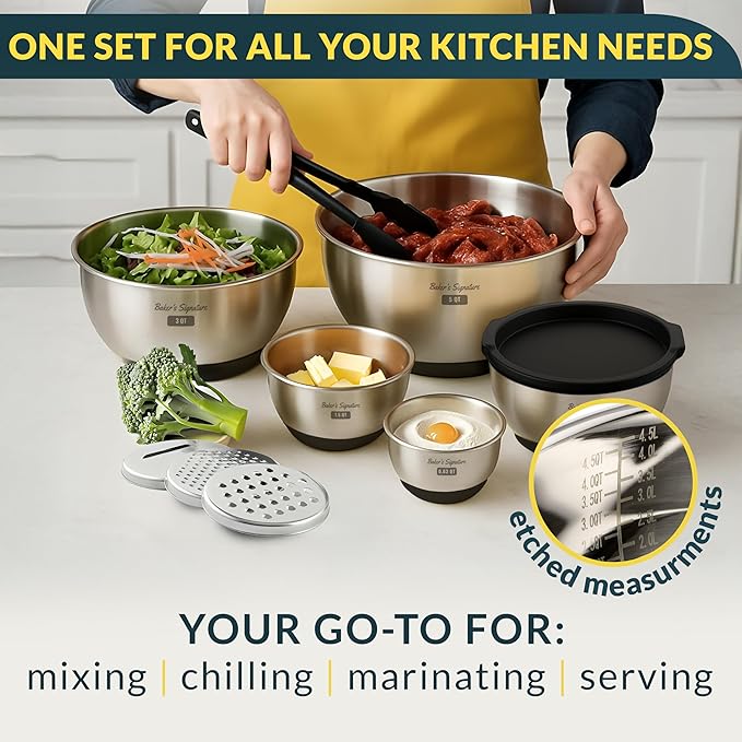 Baker's Signature Stainless Steel Mixing Bowls with Lids Set, 5 Sizes, 3 Graters, Non-Slip Base, Airtight Lids, Metal Mixing Bowls for Kitchen, Food Prep, Storage, 0.63QT-5QT, Black