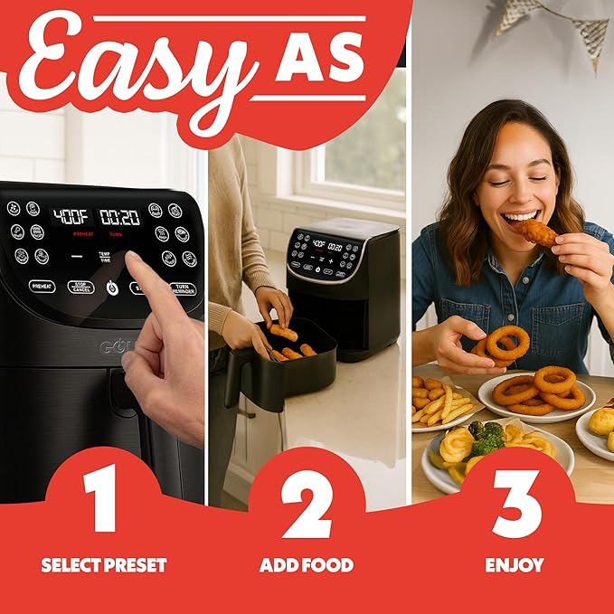 Gourmia Air Fryer - 7 Qt Large Capacity, FryForce 360º, Digital Display with 12 Presets, Roast, Bake, Broil, Dehydrate, Dishwasher Safe Accessories, Black