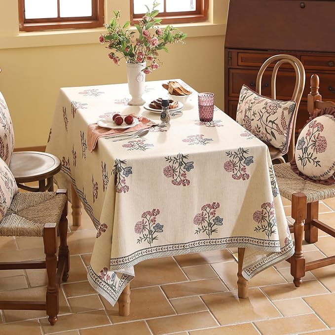French Tablecloth for Rectangular Tables,Linen Table Cloth with Colorful Flowers Pattern,Heavy Durable Table Cover for Dining Thanksgiving Kitchen Decor Party Banquet Christmas,55"*79"