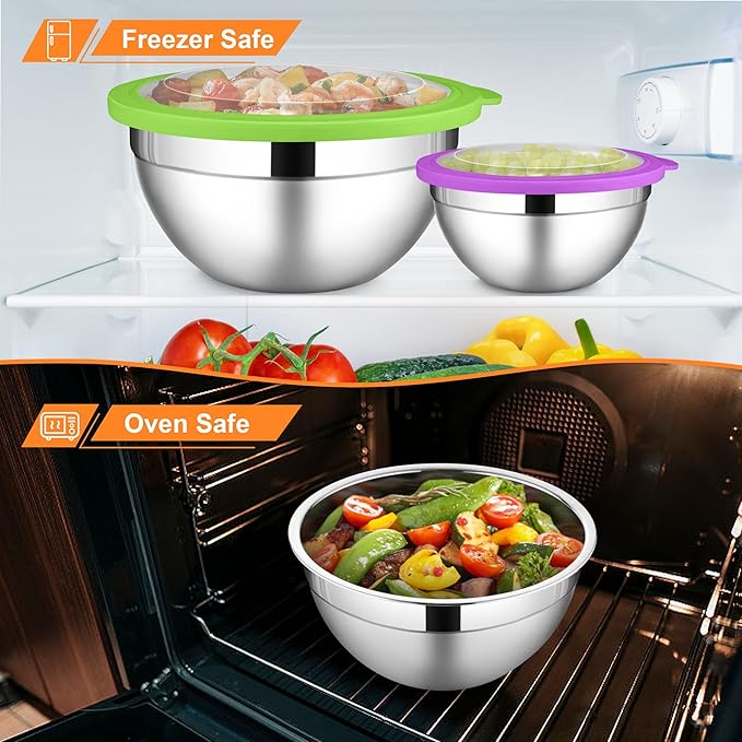 LIANYU Metal Mixing Bowls with Visible Lid Sets of 6, Large Size 7, 3.5, 2.5, 2, 1.5, 1QT, Stainless Steel Nesting Serving Bowl for Kitchen, Baking, Storage, Food Prepping, Cooking, Multi-Color