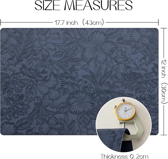 Romanstile Vinyl Placemats Set of 6-12 X 18 Inch - Heat Resistant Non-Slip Embossed Floral Place Mats 100% Waterproof Oilproof Wipeable Faux Leather Table Mats for Kitchen/Dining/Party, Navy Blue