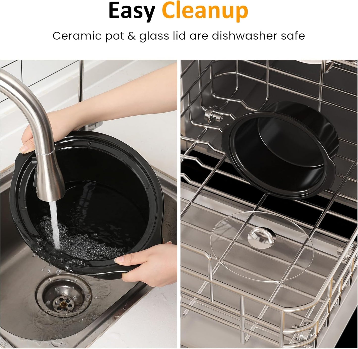 Sunvivi Small Slow Cooker 4QT, Mini Food Warmer with 3 Heating Settings, Removable Ceramic Pot, Dishwasher Safe Glass Lid, Stainless Steel, Silver