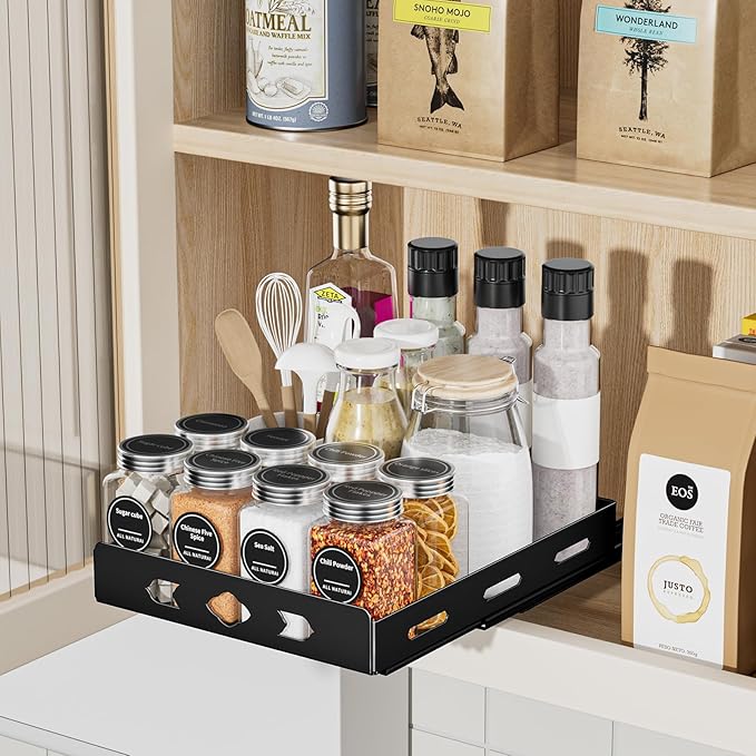 Pull Out Spice Rack, Heavy Duty Spice Rack Organizer, 1 Tier Spice Organization for Cabinet, Vertical Spice Rack for Kitchen, Cabinet, Pantry (8.4''Wx10.5''Dx2.8''H, Metal Black)