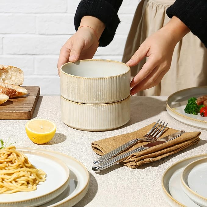 MONITO Ceramic Dinnerware Sets for 4, 12PCS Stoneware Plates and Bowls Sets, Reactive Glaze Dish Set, Chip and Scratch Resistant Double, Microwave and Dishwasher Safe, Beige