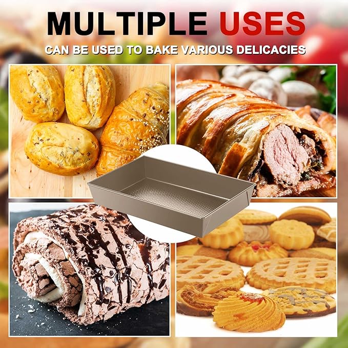 Detroit Style Pizza Pan Hard Rectangular Deep Pizza Pans Non Stick Sicilian Style Pan Dish Pre Seasoned Bakeware Kitchenware(10 x 14 x 2.36 in,Gold,3 Pcs)