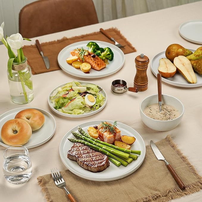 12 Pieces Farmhouse Stoneware Dinnerware Sets, Speckled Ceramic Plates and Bowls Set, Matte Terracotta Underside Ceramic Dishes Set for 4, Scratch Resistant Microwave & Dishwasher Safe(Glacier White)