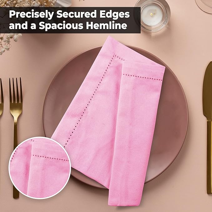 Urban Villa Easter Cloth Napkins Hemstitch Solid Pink 100% Cotton Absorbent Dinner Napkins (Set of 12) 20x20 Inches Soft Durable Washable Reusable Ideal for Everyday Use Wedding Parties Cloth Napkins