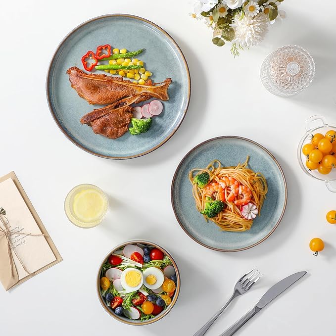 vancasso PLAYA Plates and Bowls Sets, 18 Pieces Light-Blue Dinnerware Sets for Kitchen, Reactive Glaze Dishes Set for 6, Dishwasher and Microwave Safe