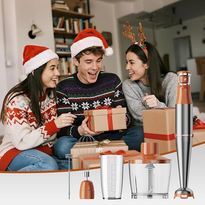 Immersion Blender Handheld Corded Hand Blenders Set 1100W, Trigger Variable Speed 5 in 1 Stick Emulsifier with Chopper, Whisk and Frother for Soup, Baby Food and Smoothies, Orange