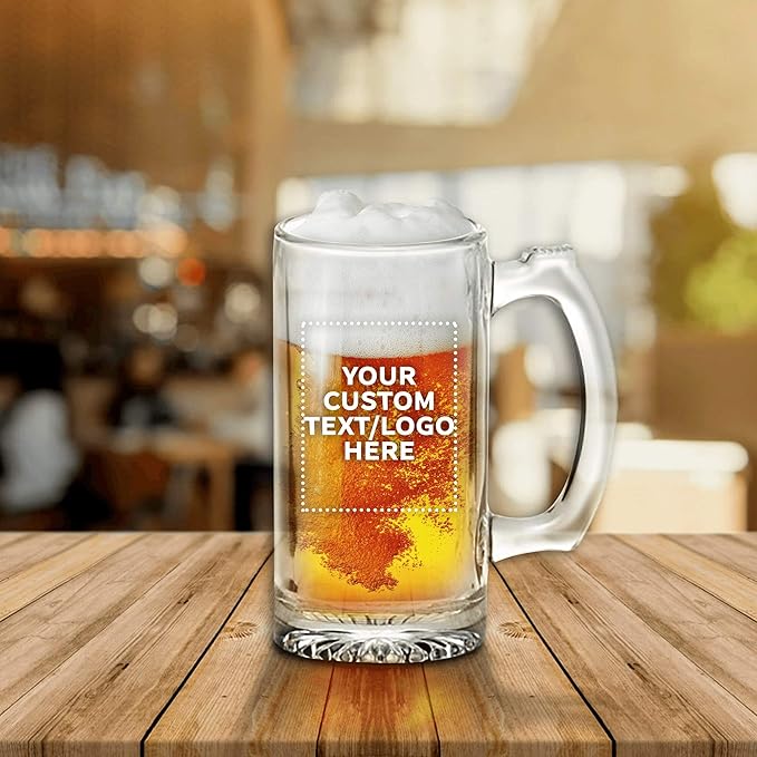12 Libbey Beer Mugs Set, 12 oz. - Customizable Text, Logo - Groomsmen Glassware - Clear