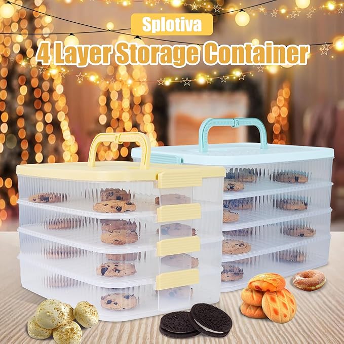 4 Layers Storage Container, 1.61'' Extra-High Layer, Cookie Carrier, Dumpling Box, Stackable Food Container (White & Mint Green)