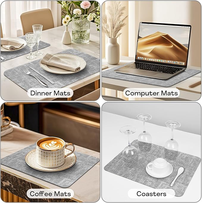Vinly Placemats Set of 6 - Waterproof Wipeable Faux Leather Table Place Mats Heat Resistant Anti Slip Table Mats for Dining, Indoor, Outdoor, 15.8" x 11.8" (Light Grey)