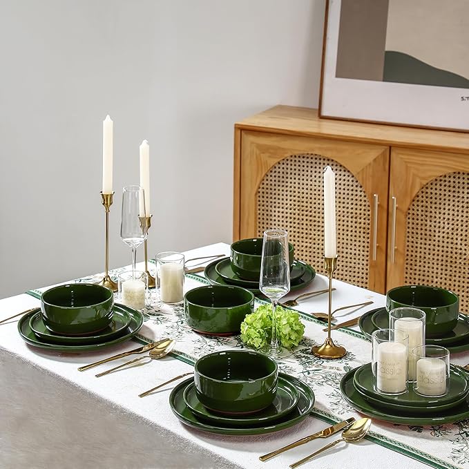 GZG Modern Art Series - 18 Pcs Speckled Stoneware Plates and Bowls Sets, Ceramic Dinnerware Set with Rustic Terracotta Underside, Microwave and Dishwasher Safe Handcrafted Dishes Set - Verdant Green
